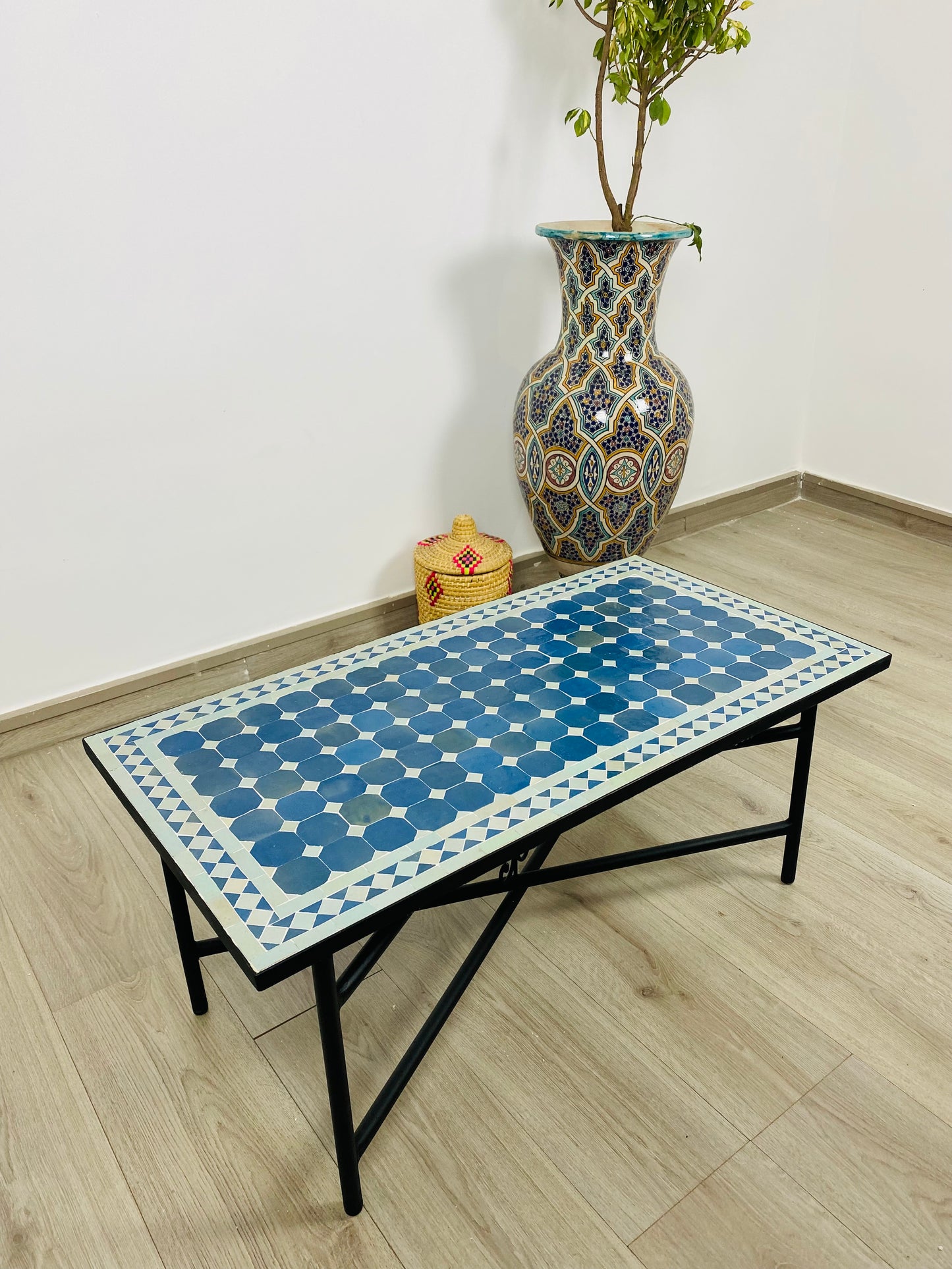 Handmade Moroccan Zellige Mosaic Table – Blue Octagonal Elegance