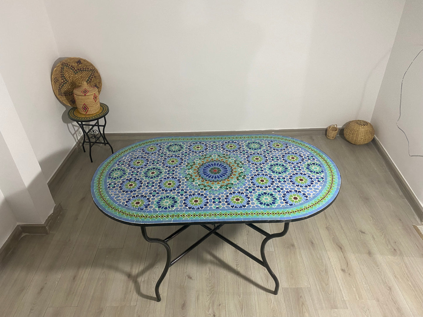 Handmade Moroccan Zellige Mosaic Table – Blue & Green Elegance