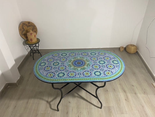 Handmade Moroccan Zellige Mosaic Table – Blue & Green Elegance