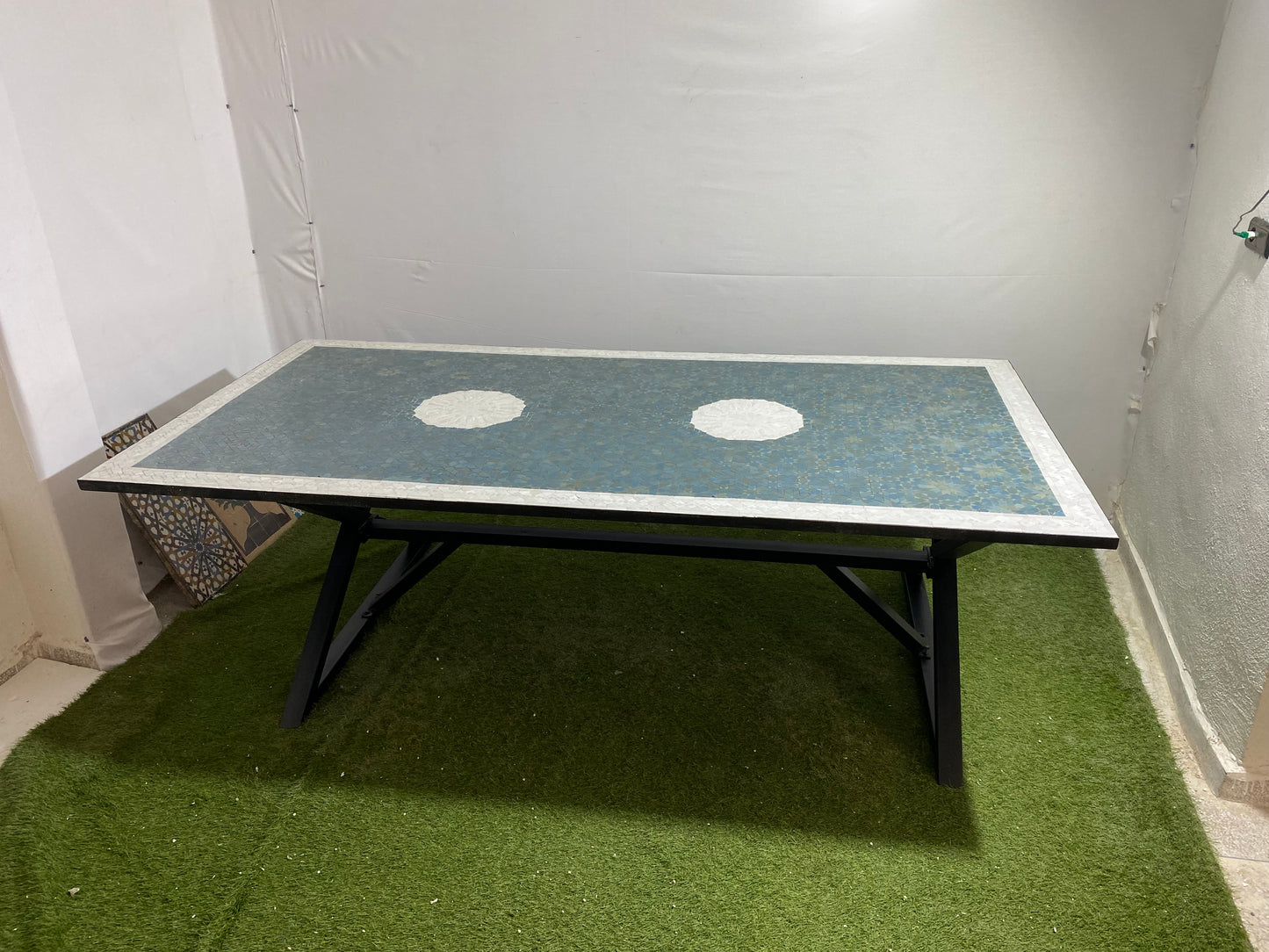 Handmade Moroccan Zellige Mosaic Table – Blue & White Geometric Elegance