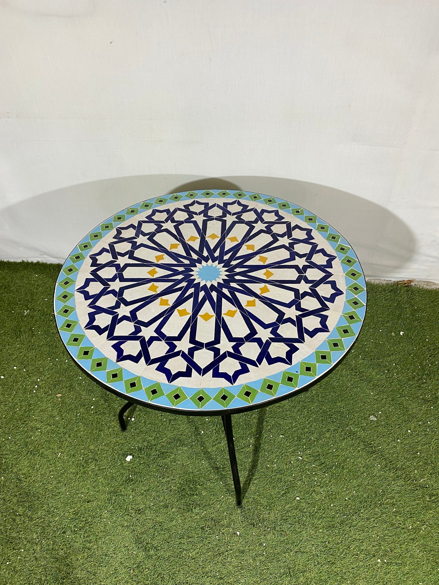Handmade Moroccan Zellige Mosaic Table – Elegant Blue & Green Starburst Design