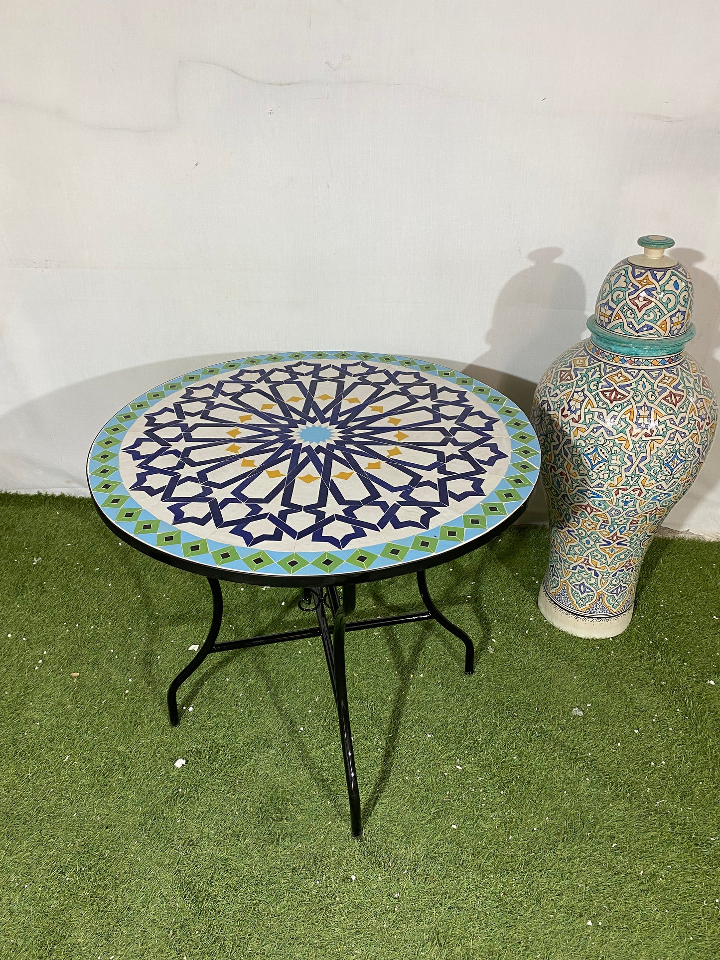 Handmade Moroccan Zellige Mosaic Table – Elegant Blue & Green Starburst Design
