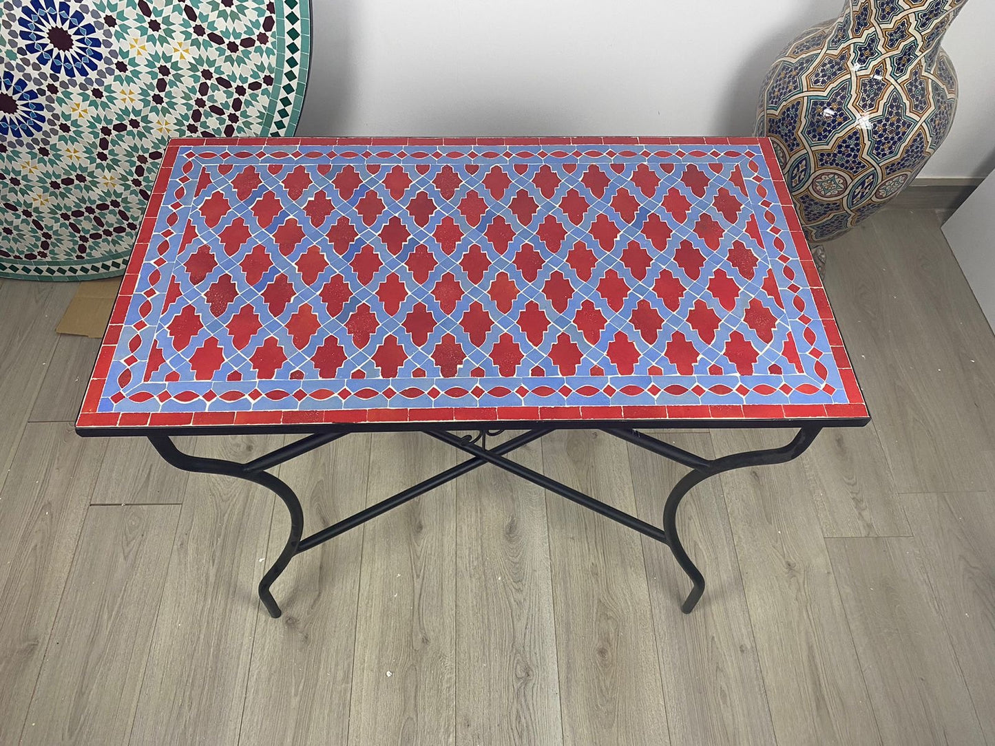 Handmade Moroccan Zellige Mosaic Table – Bold Red & Blue Elegance