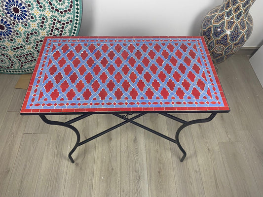 Handmade Moroccan Zellige Mosaic Table – Bold Red & Blue Elegance