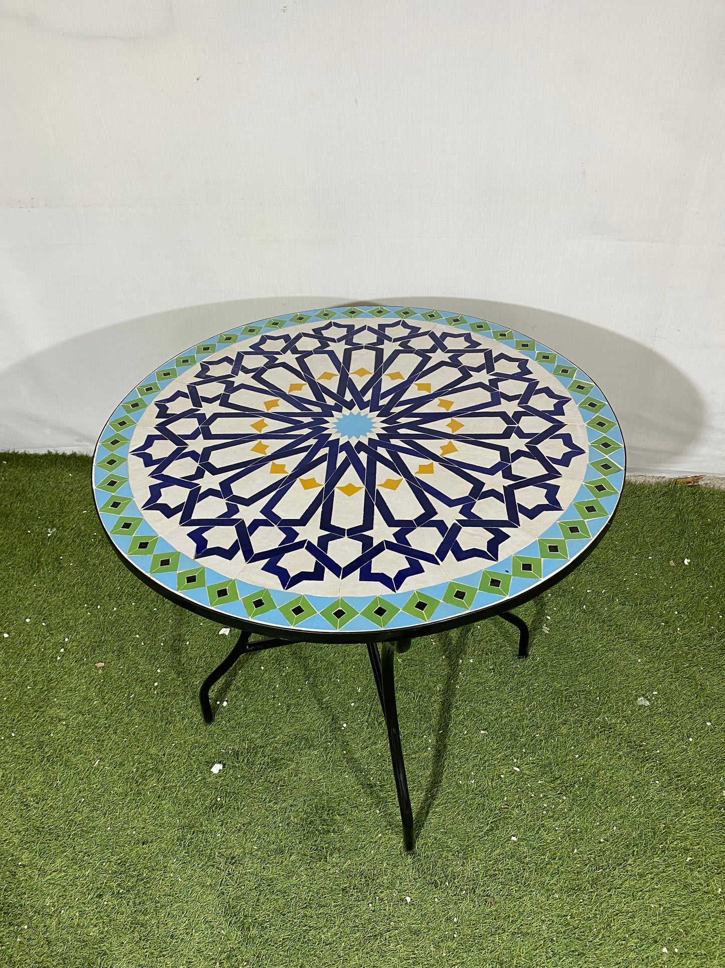 Handmade Moroccan Zellige Mosaic Table – Elegant Blue & Green Starburst Design