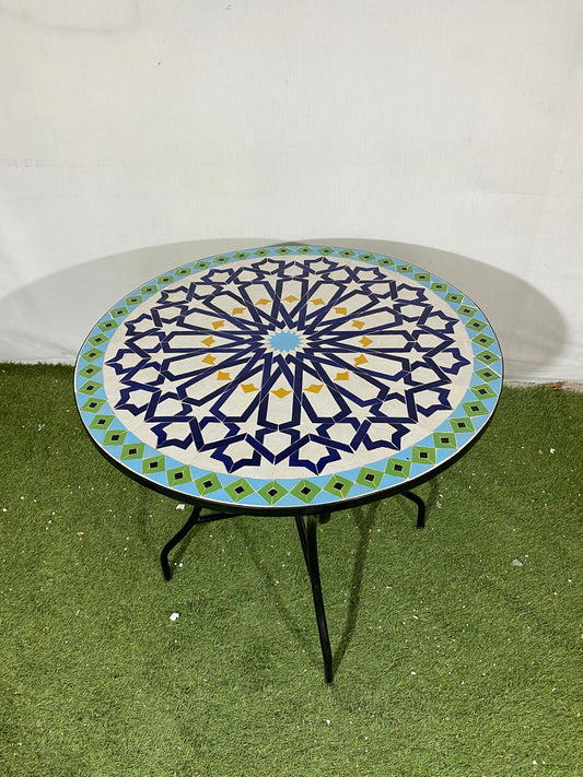 Handmade Moroccan Zellige Mosaic Table – Elegant Blue & Green Starburst Design