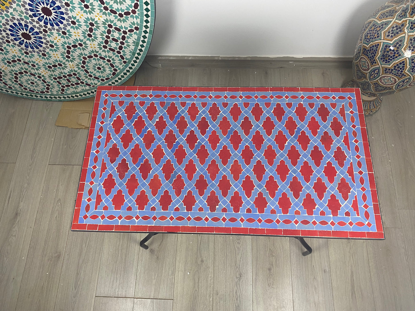 Handmade Moroccan Zellige Mosaic Table – Bold Red & Blue Elegance