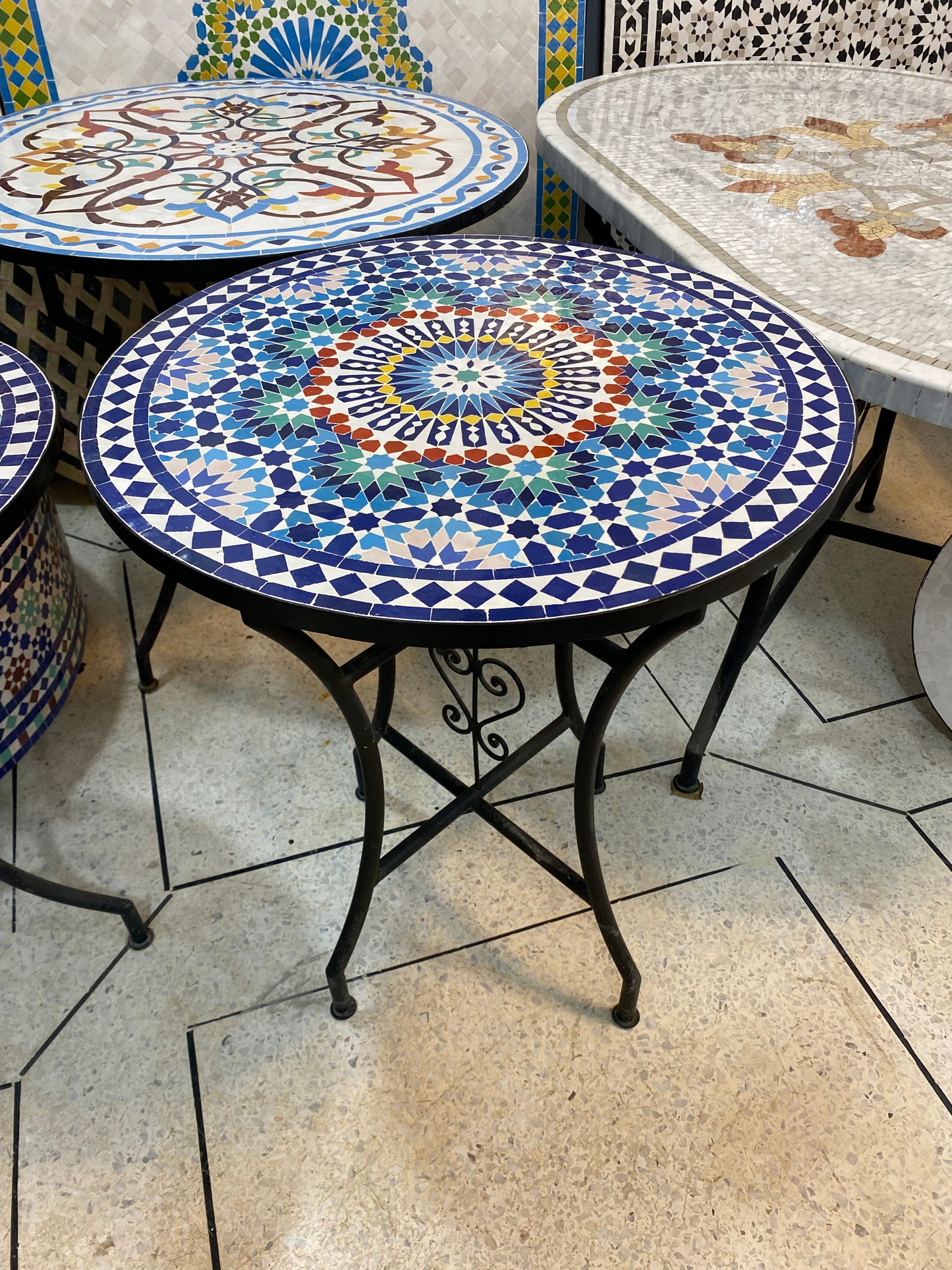 Handmade Moroccan Zellige Mosaic Table – Majestic Blue Starburst