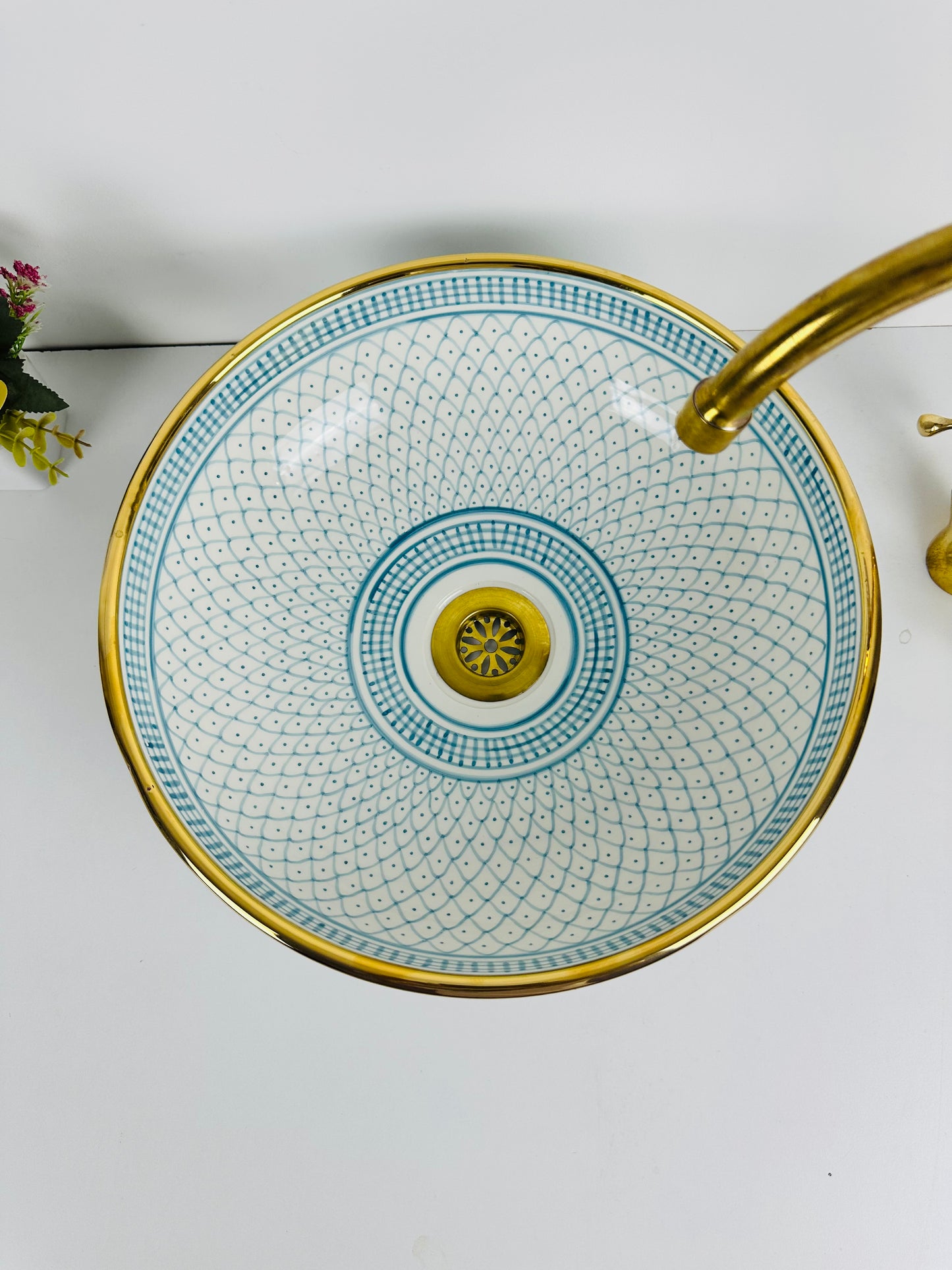 14K gold Sky Symphony: Hand-Painted Ceramic Sink in Sky Blue