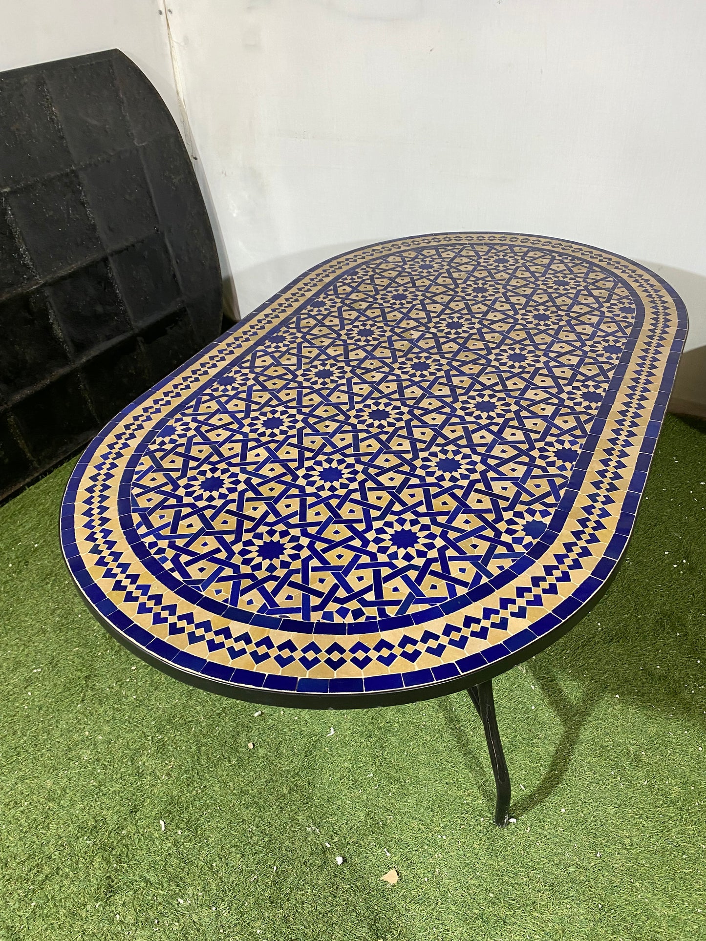Handmade Moroccan Zellige Mosaic Table – Royal Blue & Sand Elegance