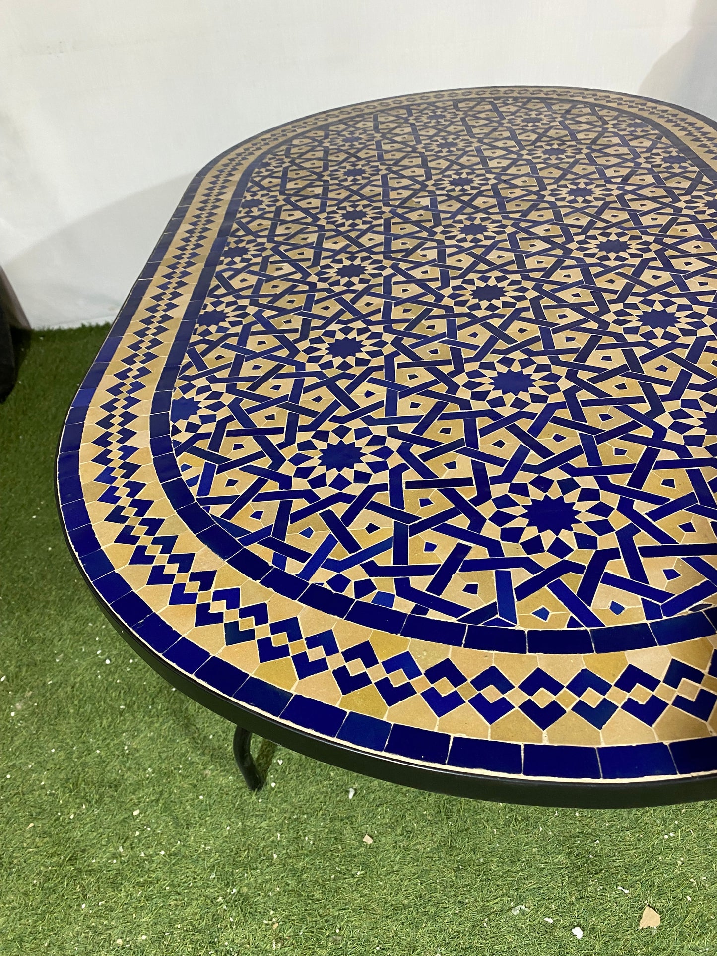 Handmade Moroccan Zellige Mosaic Table – Royal Blue & Sand Elegance