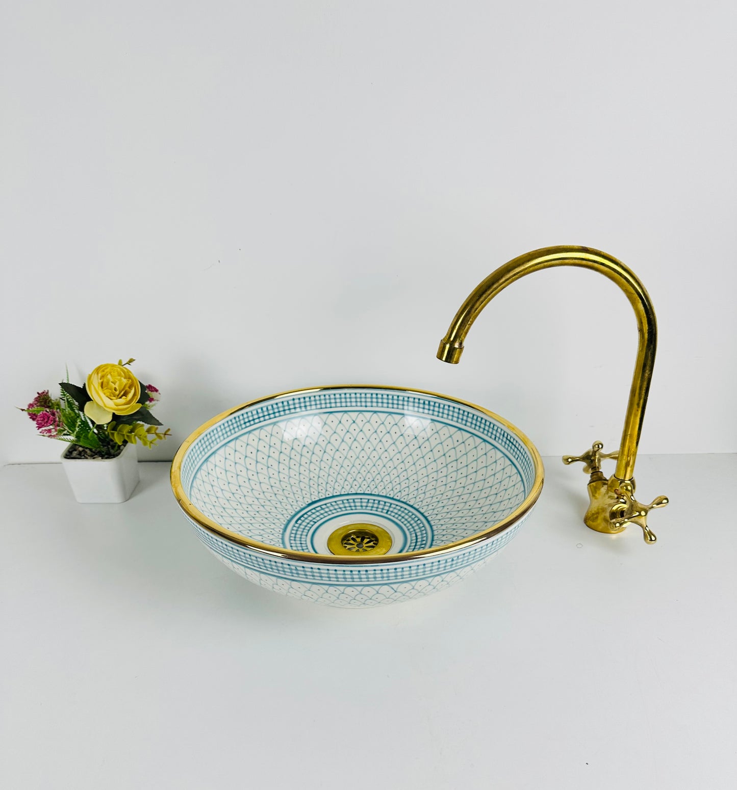 14K gold Sky Symphony: Hand-Painted Ceramic Sink in Sky Blue
