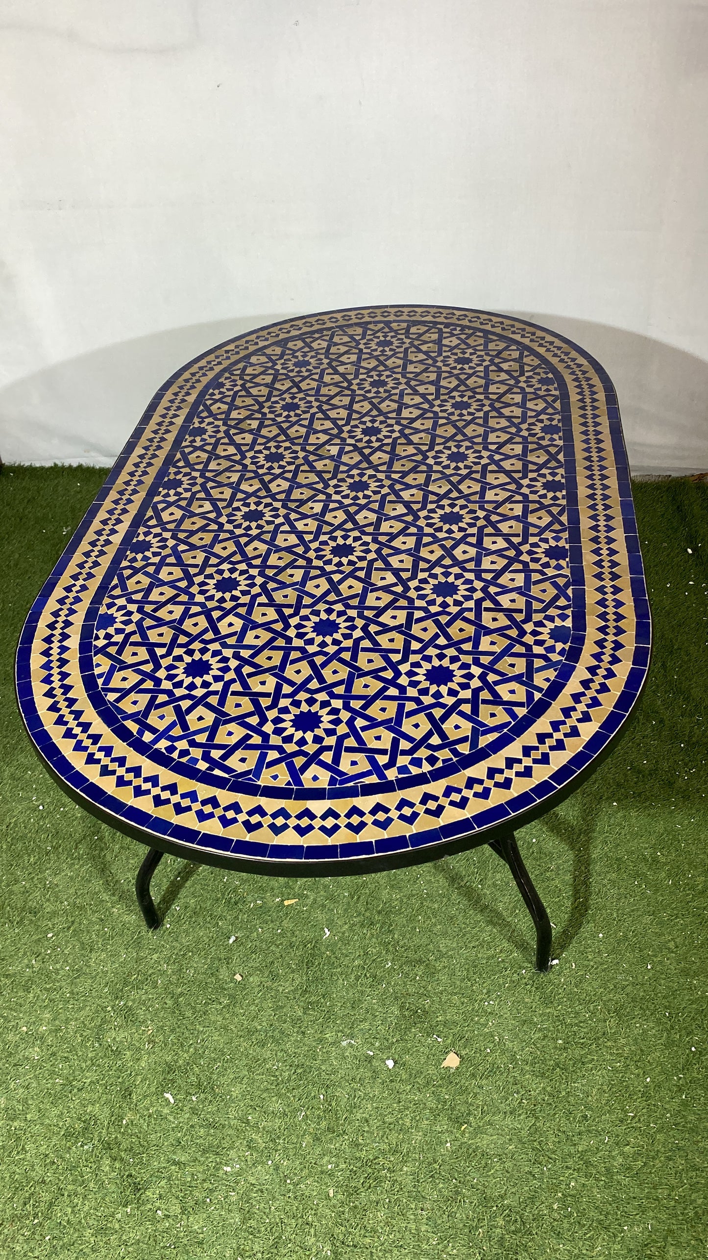 Handmade Moroccan Zellige Mosaic Table – Royal Blue & Sand Elegance