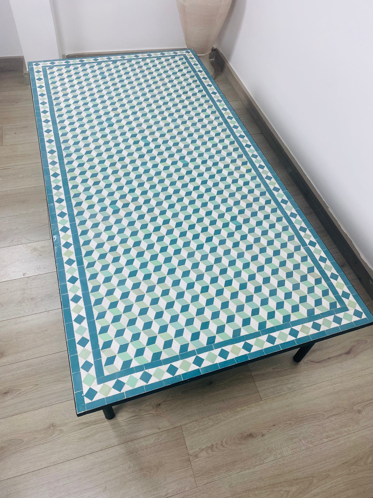 Handmade Moroccan Zellige Mosaic Table – Geometric Cube Illusion