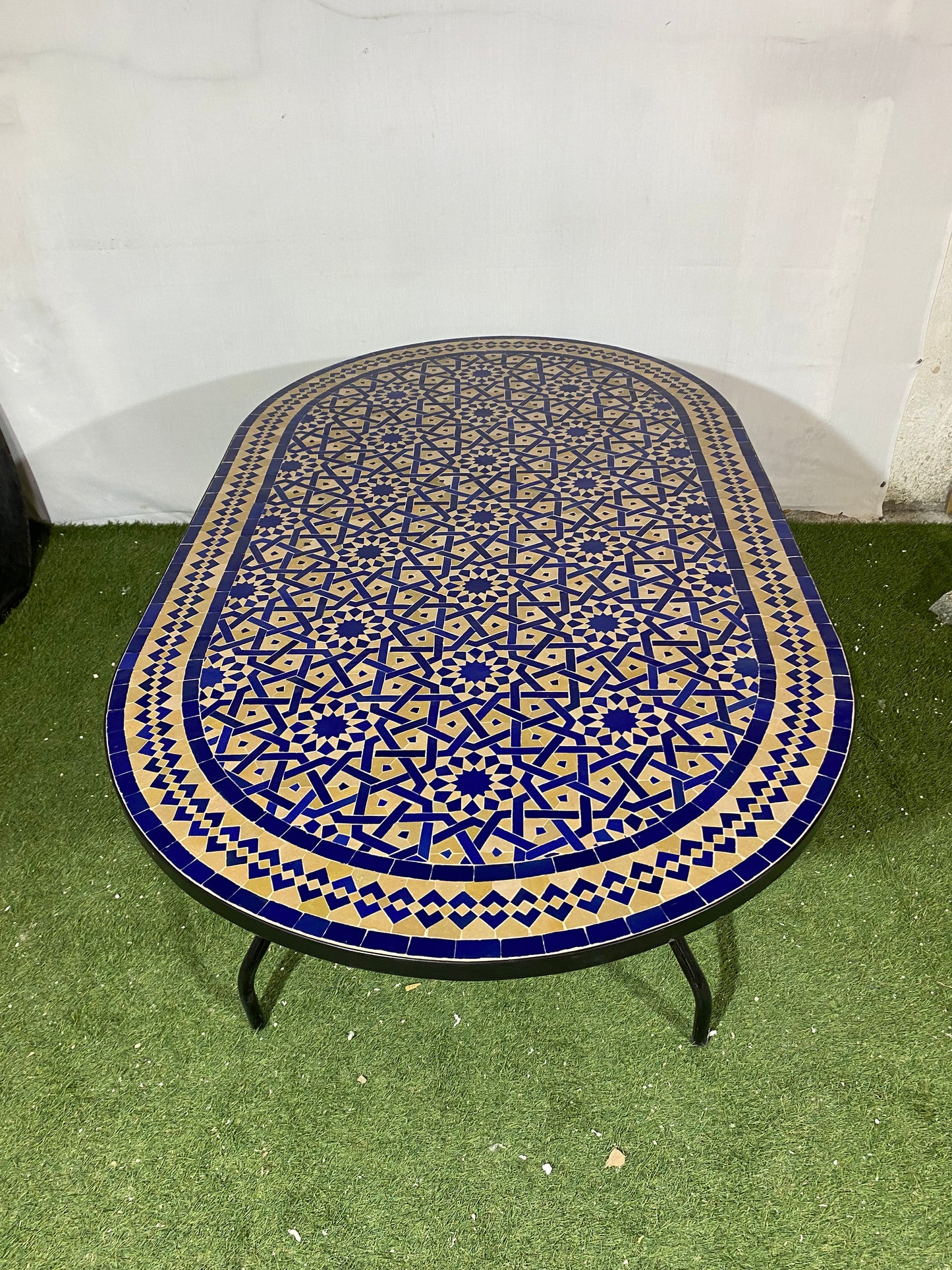 Handmade Moroccan Zellige Mosaic Table – Royal Blue & Sand Elegance