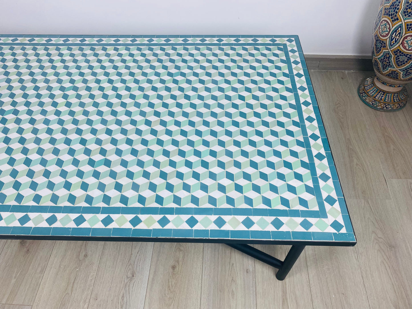 Handmade Moroccan Zellige Mosaic Table – Geometric Cube Illusion