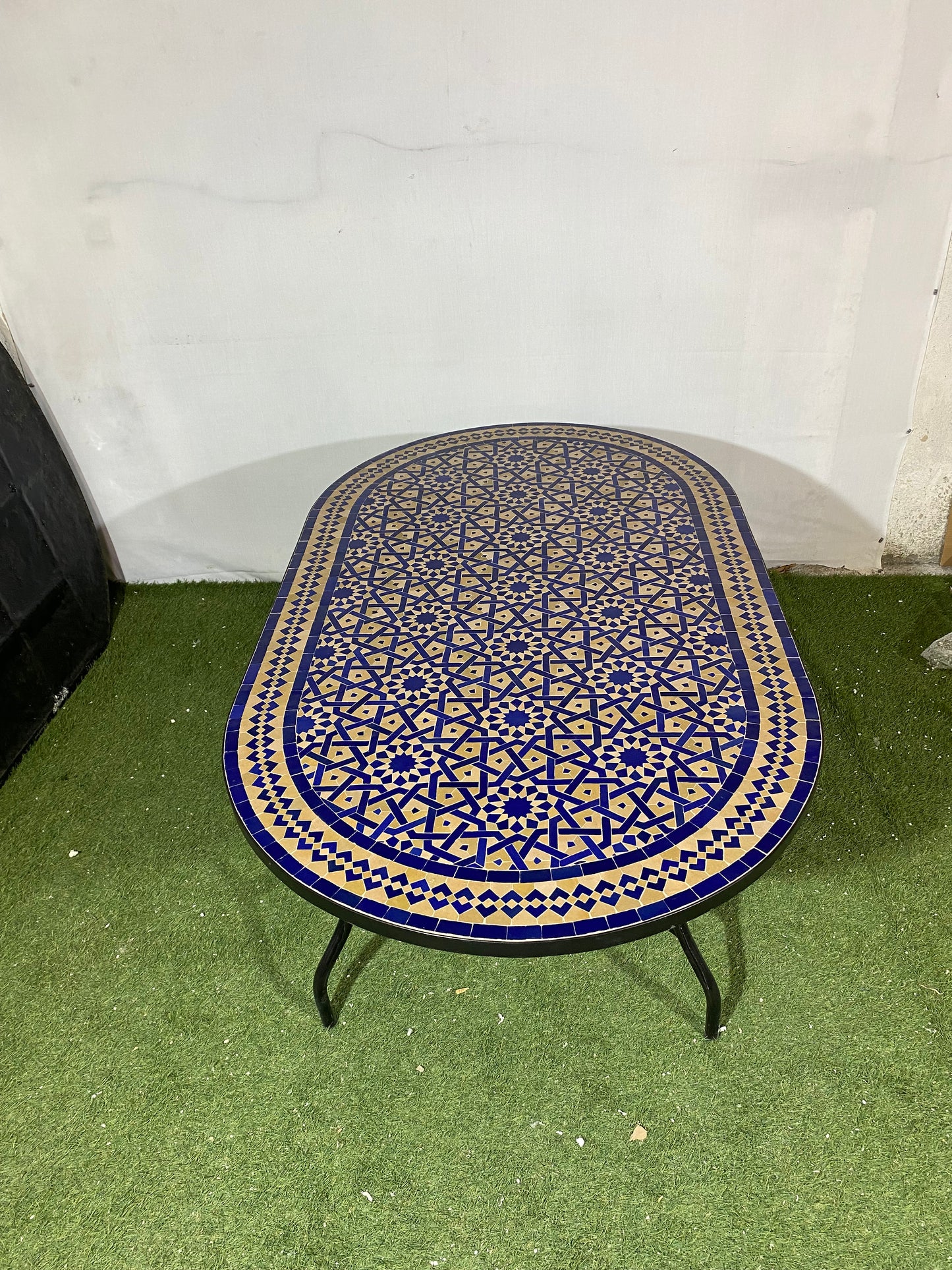 Handmade Moroccan Zellige Mosaic Table – Royal Blue & Sand Elegance