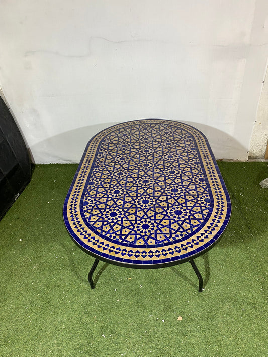 Handmade Moroccan Zellige Mosaic Table – Royal Blue & Sand Elegance
