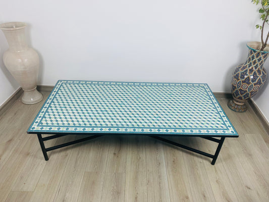 Handmade Moroccan Zellige Mosaic Table – Geometric Cube Illusion