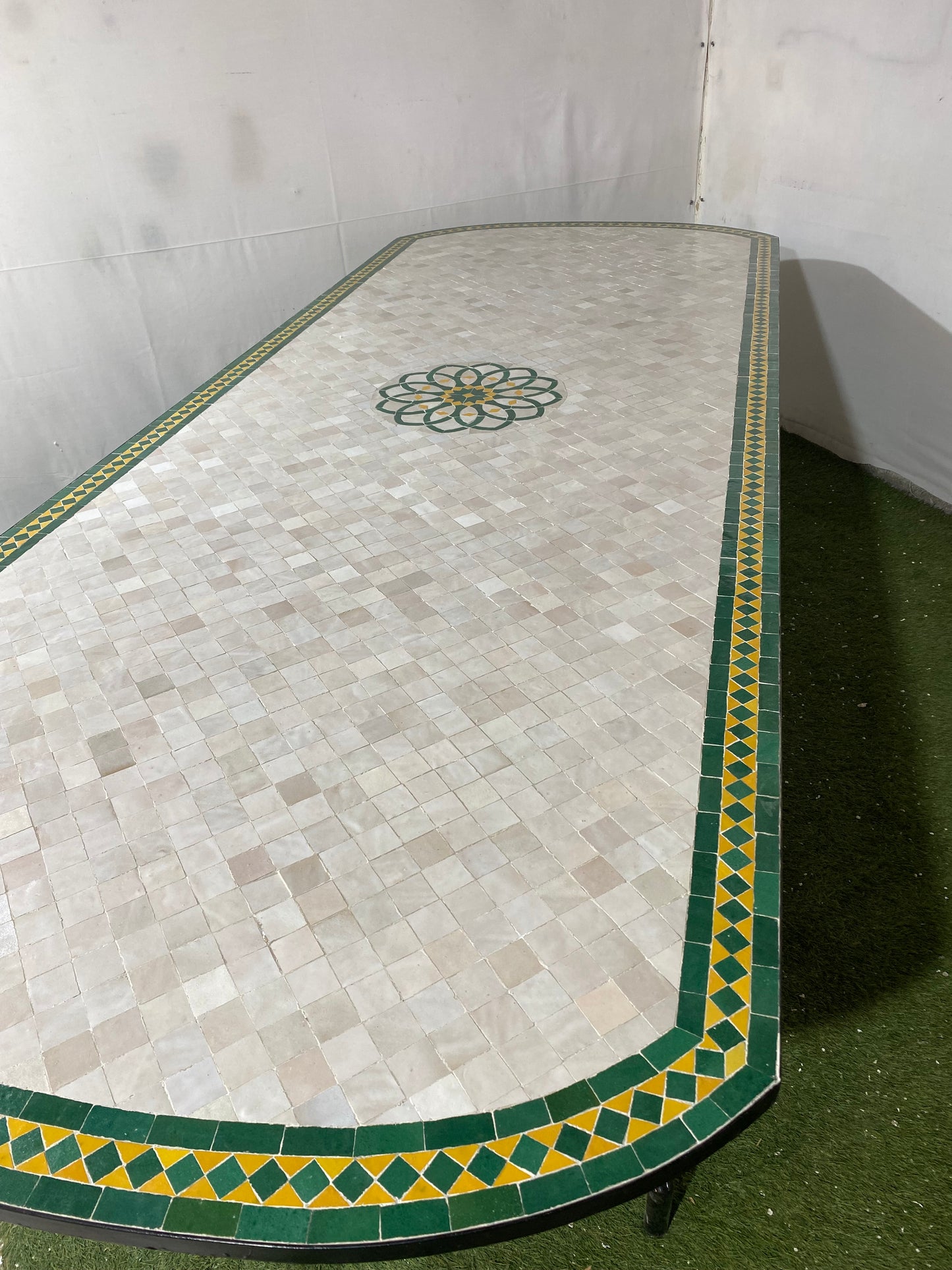 Handmade Moroccan Zellige Mosaic Table – Ivory Elegance with Green & Gold Accents
