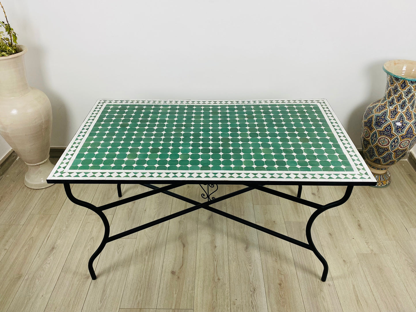 Handmade Moroccan Zellige Mosaic Table – Classic Green & White Harmony