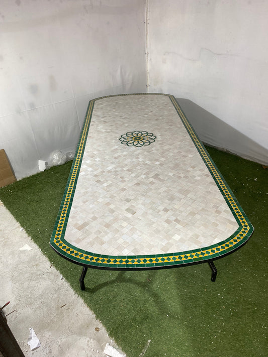 Handmade Moroccan Zellige Mosaic Table – Ivory Elegance with Green & Gold Accents