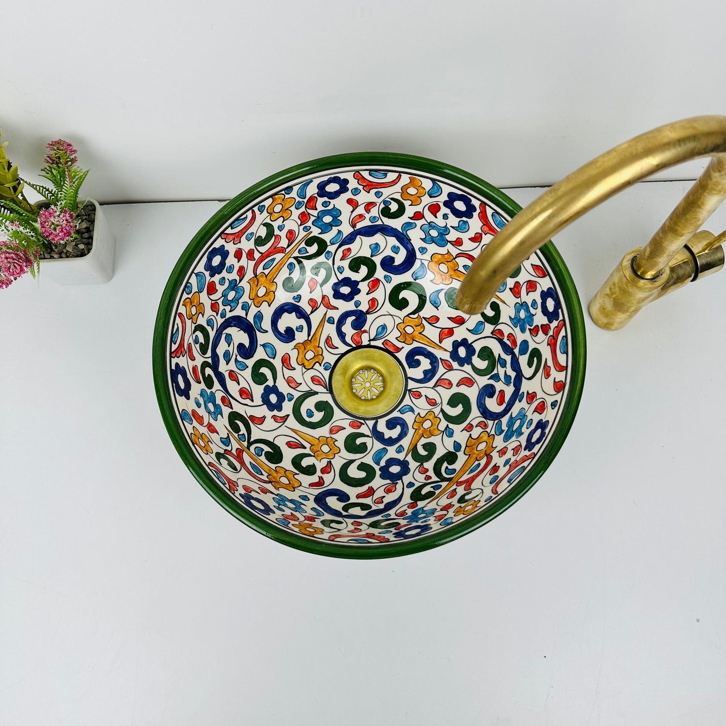Enchanted Garden: Handcrafted Ceramic Sink with Flower Motifs and Green Finish