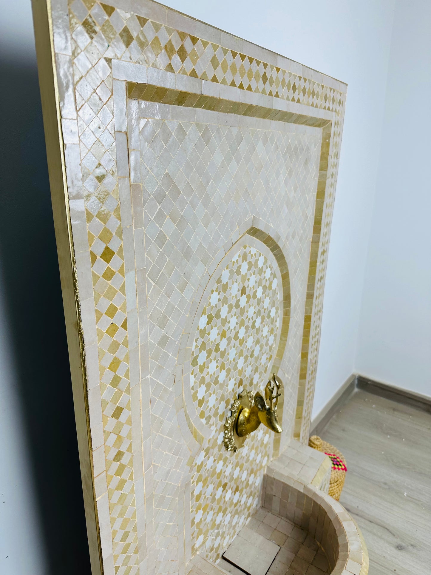 Moroccan Zellige Fountain – A Timeless Beige & Gold Elegance