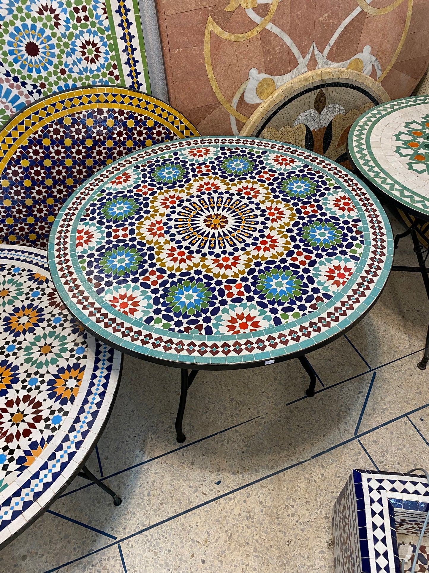 Handmade Moroccan Zellige Mosaic Table – Vibrant Starburst Harmony