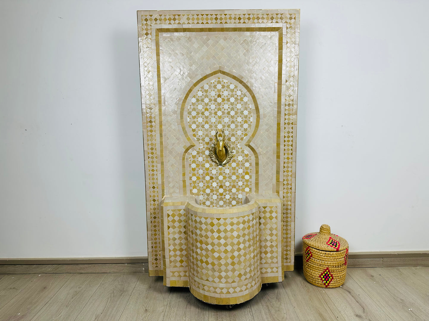 Moroccan Zellige Fountain – A Timeless Beige & Gold Elegance