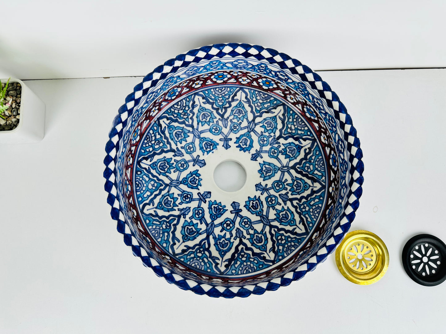 Crimson Oasis: Handcrafted Ceramic Sink with Red and Blue Moroccan Design