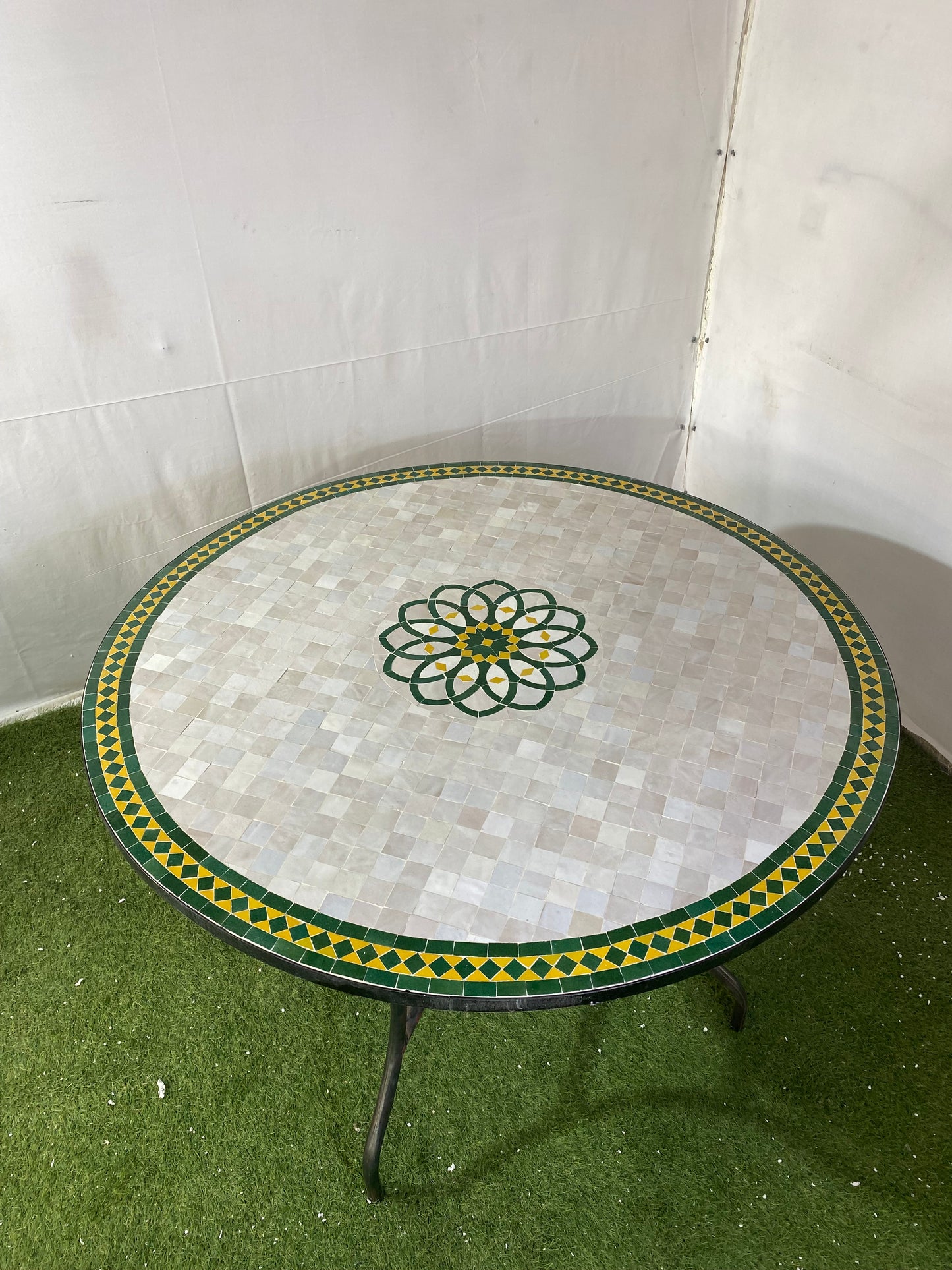 Handmade Moroccan Zellige Mosaic Table – Subtle Elegance in White & Green