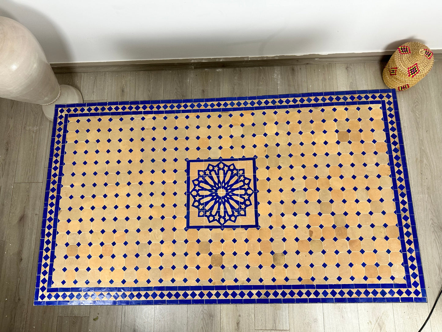 Handmade Moroccan Zellige Mosaic Table – Timeless Elegance in Blue & Beige