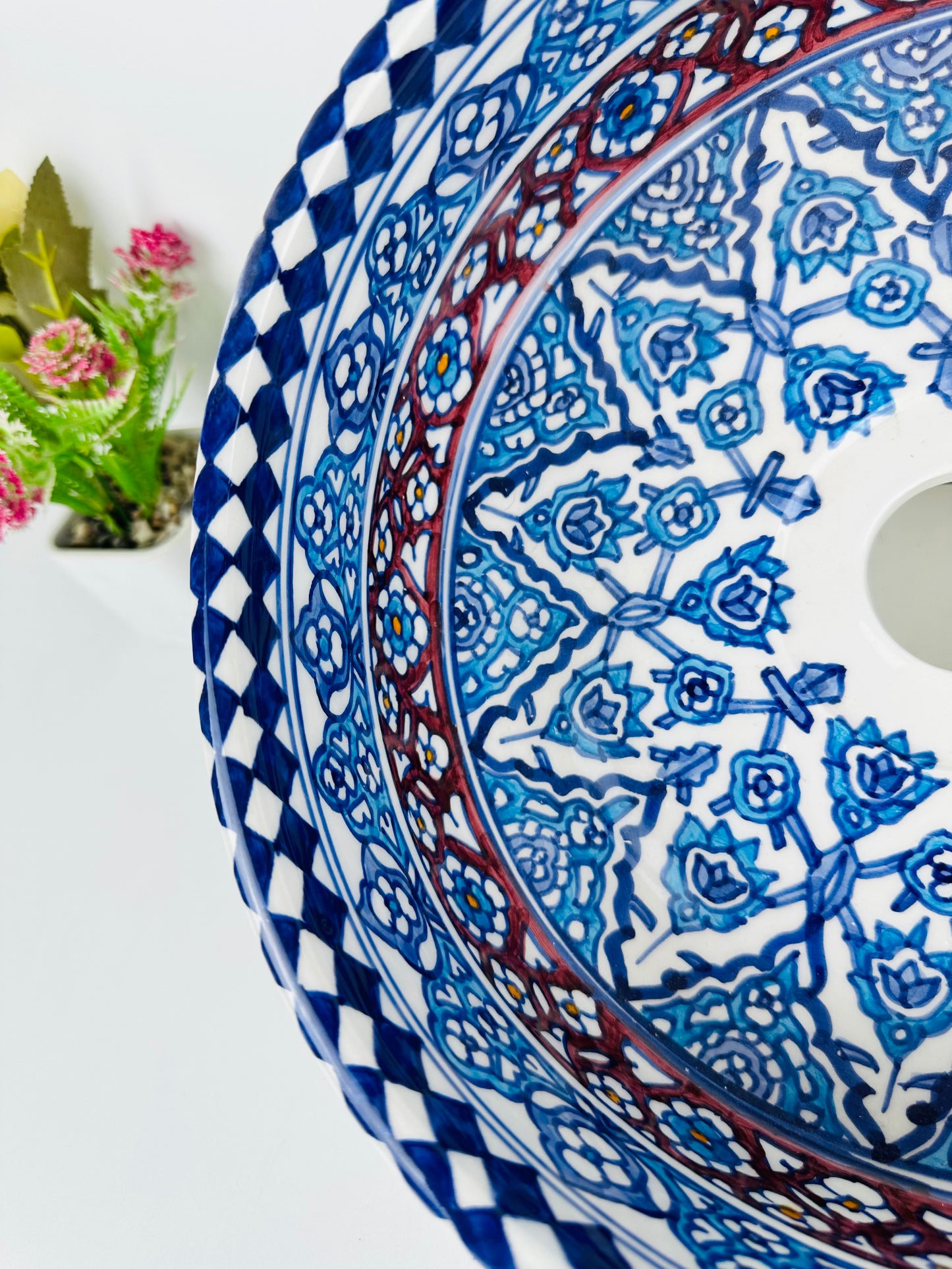 Crimson Oasis: Handcrafted Ceramic Sink with Red and Blue Moroccan Design