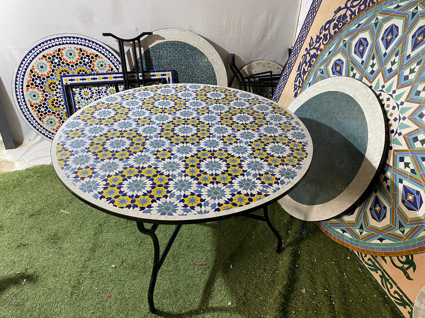 Handmade Moroccan Zellige Mosaic Table – Classic Blue & Yellow Floral Pattern