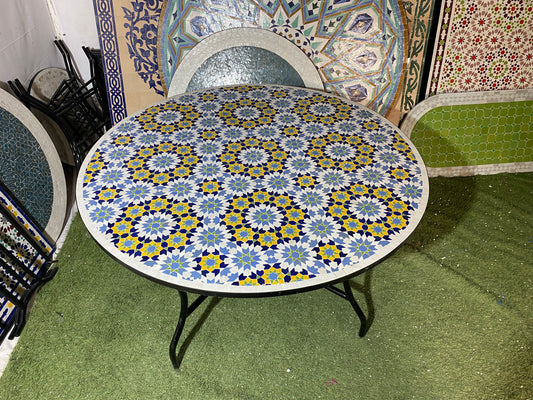 Handmade Moroccan Zellige Mosaic Table – Classic Blue & Yellow Floral Pattern
