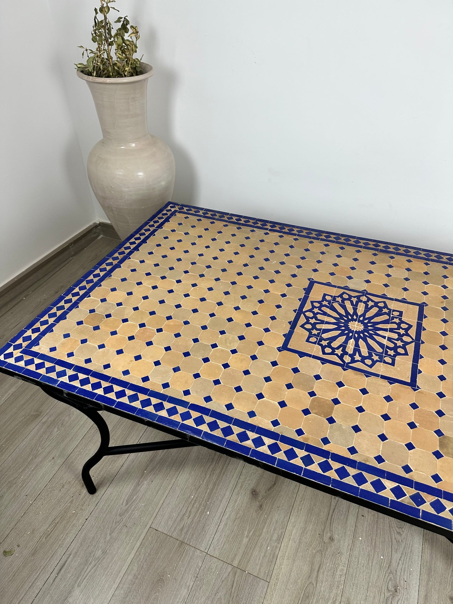 Handmade Moroccan Zellige Mosaic Table – Timeless Elegance in Blue & Beige