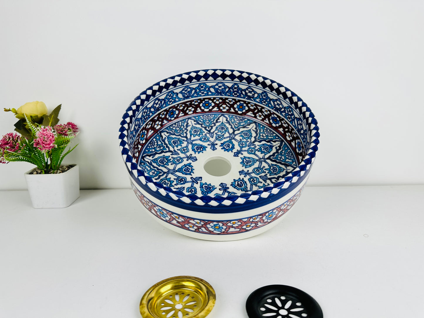 Crimson Oasis: Handcrafted Ceramic Sink with Red and Blue Moroccan Design