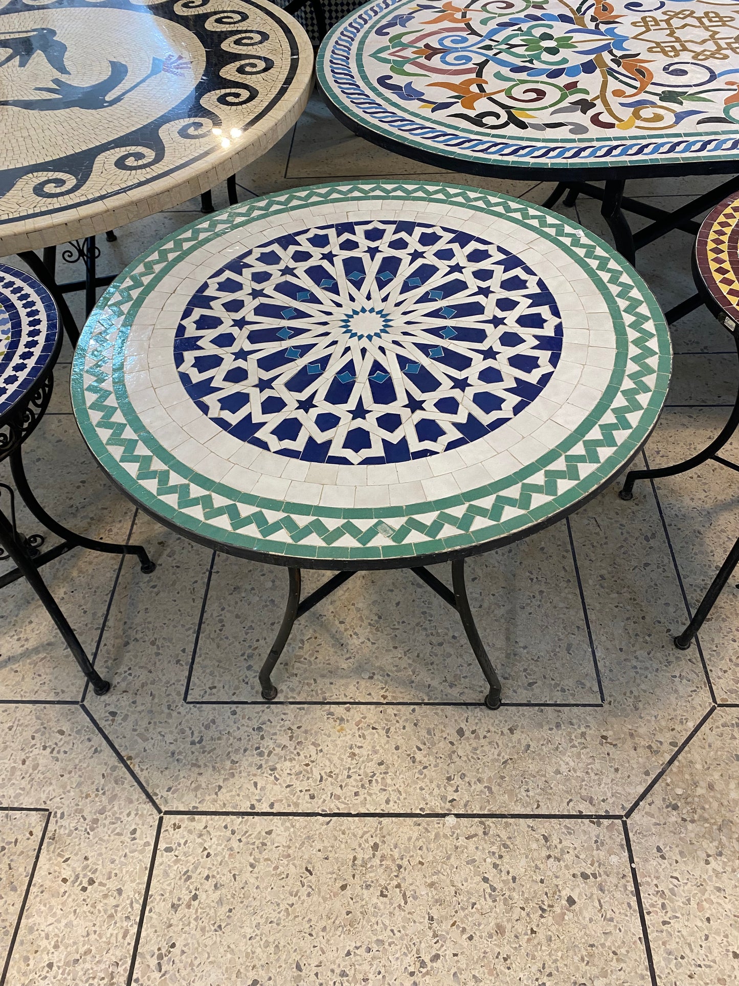 Handmade Moroccan Zellige Mosaic Table – Classic Blue & Green Star Pattern