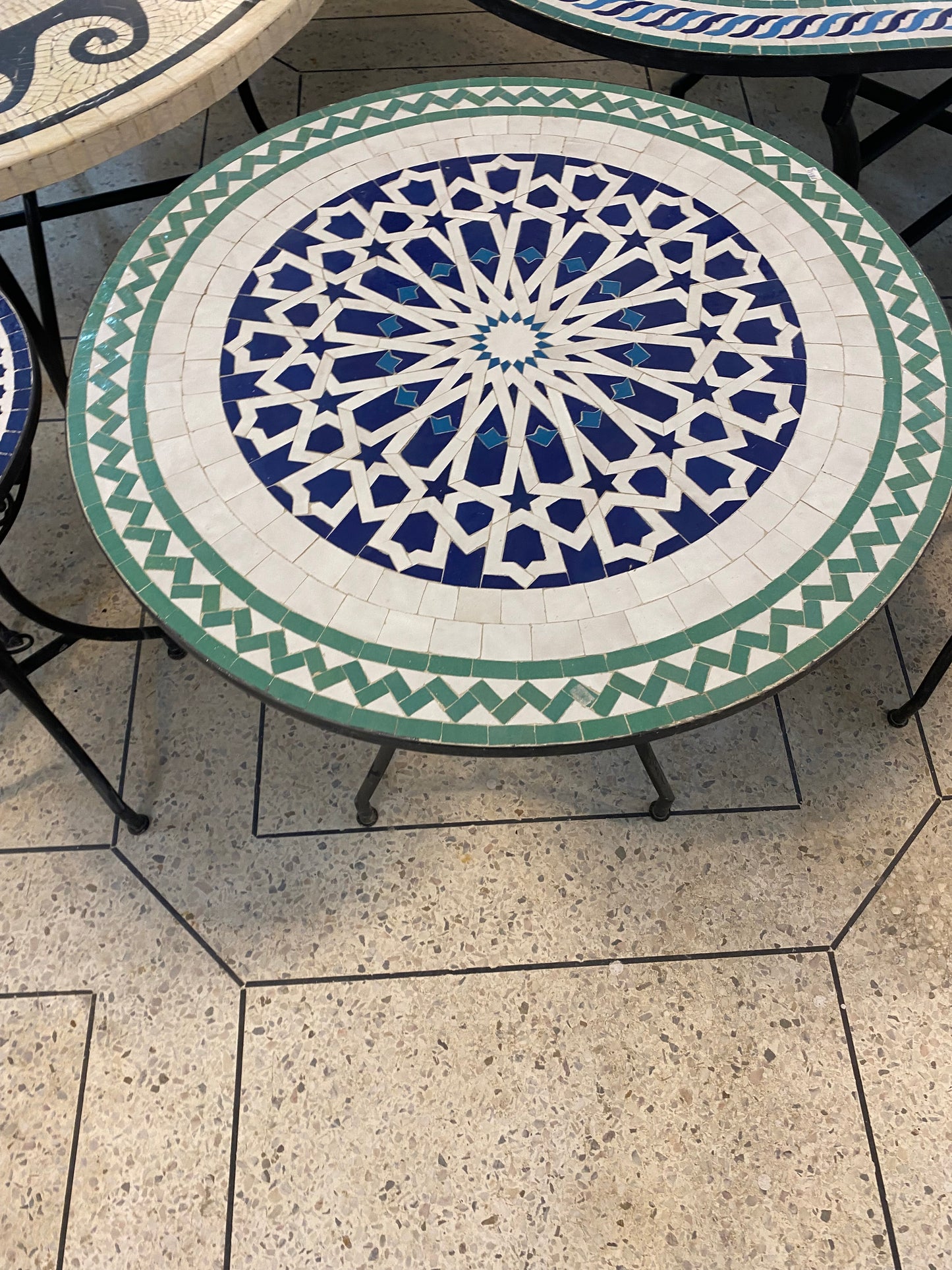 Handmade Moroccan Zellige Mosaic Table – Classic Blue & Green Star Pattern