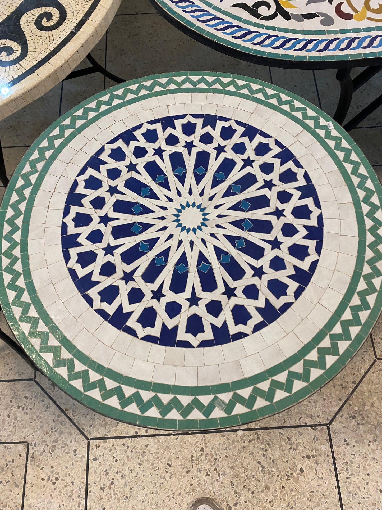 Handmade Moroccan Zellige Mosaic Table – Classic Blue & Green Star Pattern