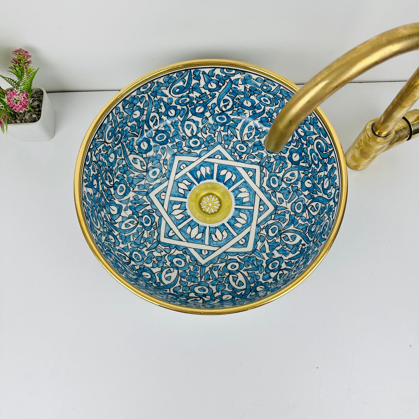 Sapphire Sanctuary: Handcrafted Ceramic Sink with Blue Garden Inside, Black Garden Outside, and Gold 14k on Top