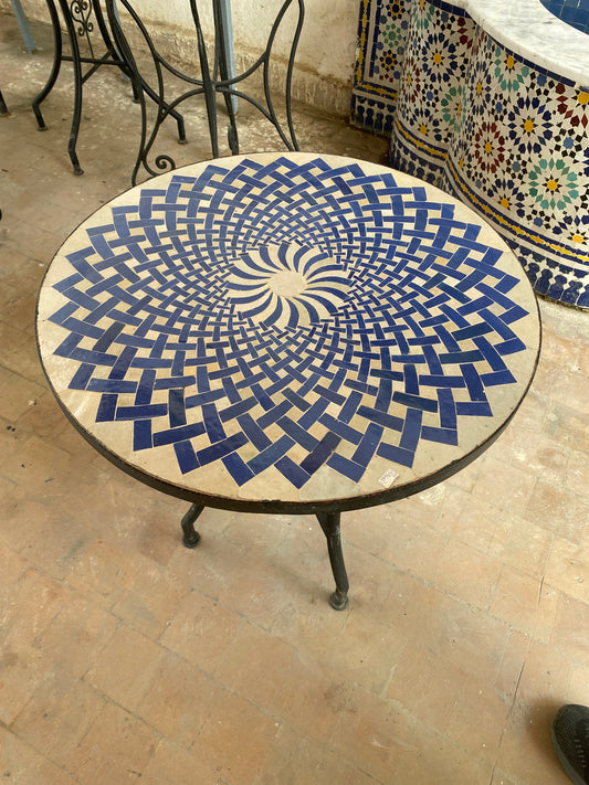 Handmade Moroccan Zellige Mosaic Table – Spiral Blue & White Pattern