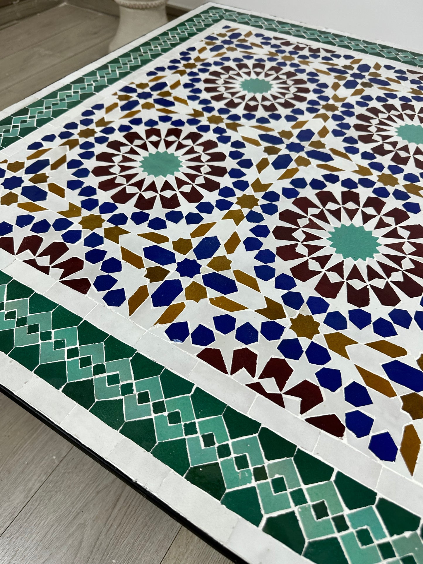 Handmade Moroccan Zellige Mosaic Table – Classic Green & Blue Geometric Beauty