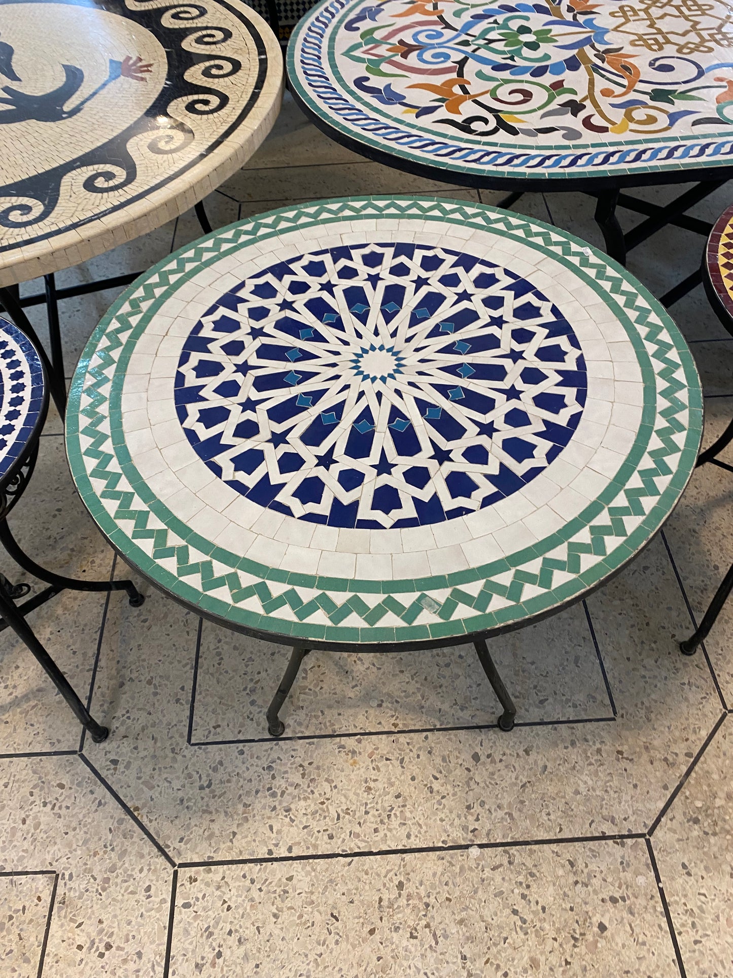 Handmade Moroccan Zellige Mosaic Table – Classic Blue & Green Star Pattern