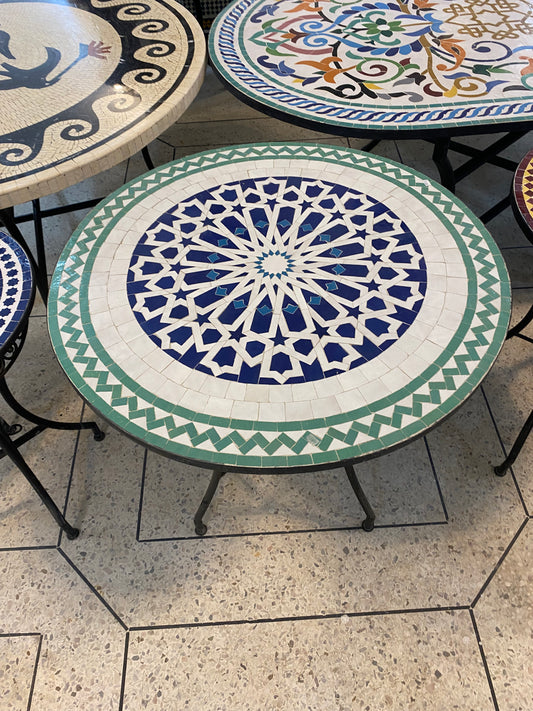 Handmade Moroccan Zellige Mosaic Table – Classic Blue & Green Star Pattern