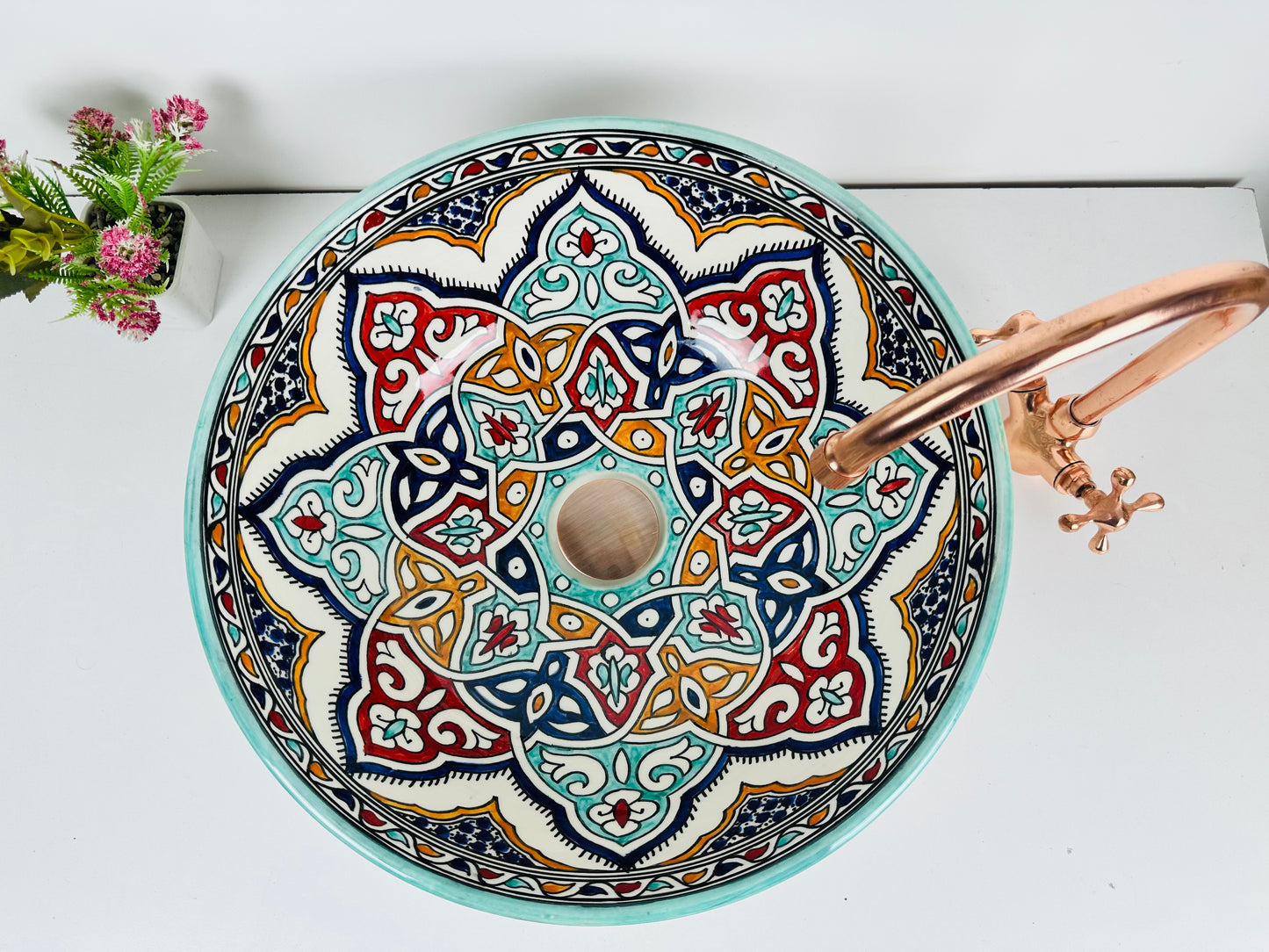 Celestial Bloom ceramic Washbowl sink, Traditional Moroccan Design