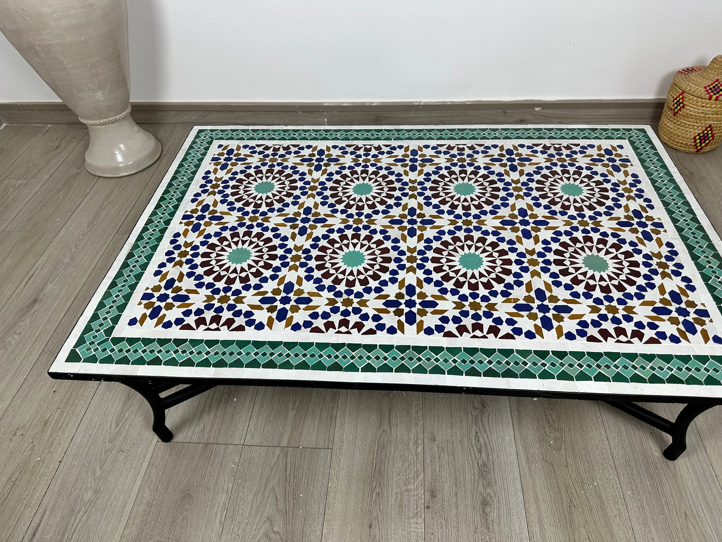 Handmade Moroccan Zellige Mosaic Table – Classic Green & Blue Geometric Beauty