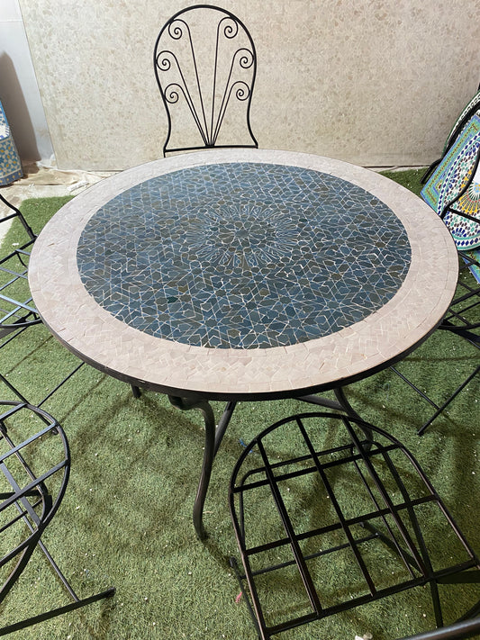 Handmade Moroccan Zellige Mosaic Table – Sophisticated navy & Beige Elegance