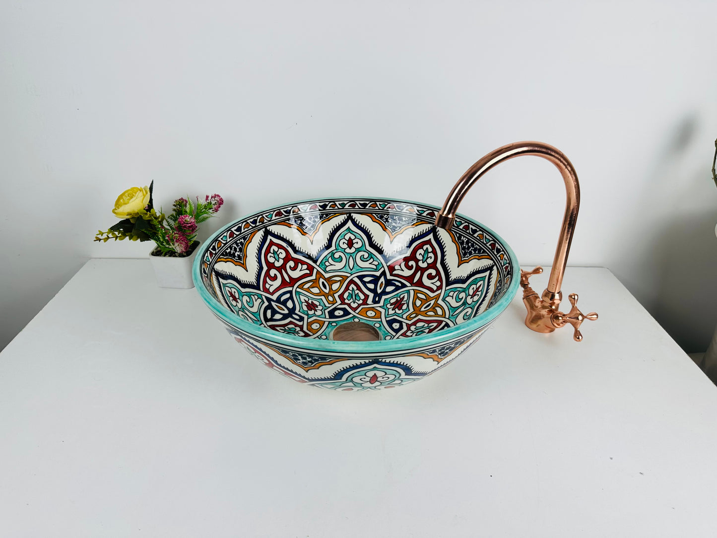 Celestial Bloom ceramic Washbowl sink, Traditional Moroccan Design